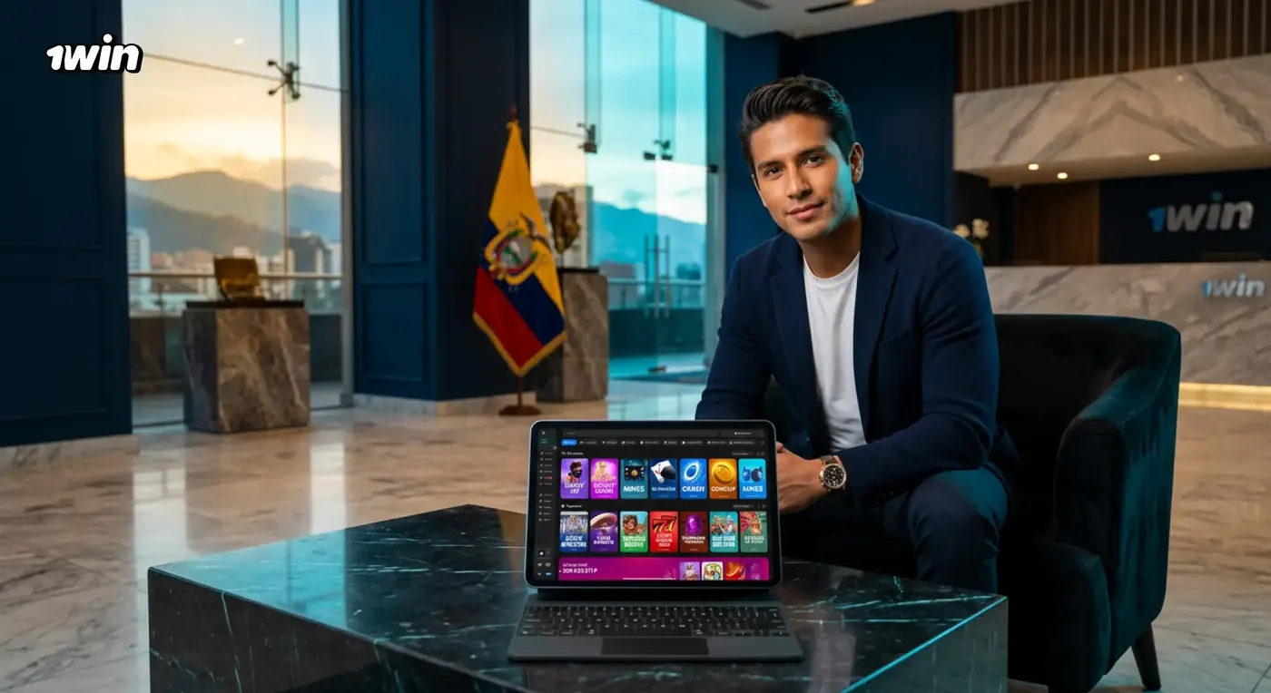 Hombre con blazer azul y una tablet con el casino de 1win en un lobby con la bandera de Ecuador
