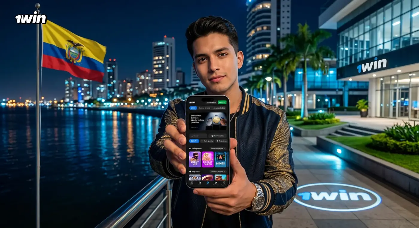 Hombre con chaqueta mostrando la app de 1win en su celular frente a un malecón de noche, con la bandera de Ecuador